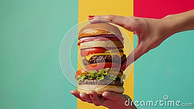Juicy Cheeseburger with Bacon in Mid-Air Splash. Stock Photo