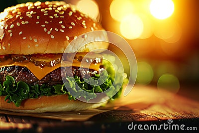 Juicy cheeseburger with fresh lettuce on a warm glowing background Stock Photo