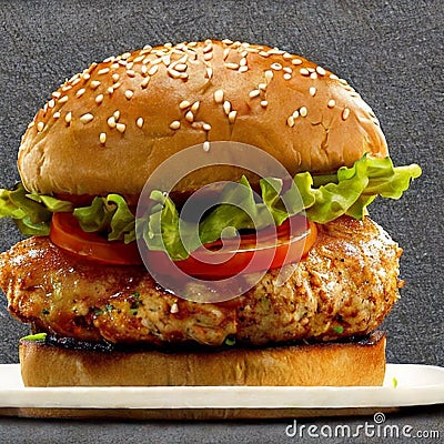 A juicy chicken burger with crisp lettuce, tomatoes and sesame-seeded buns by Generative AI Cartoon Illustration