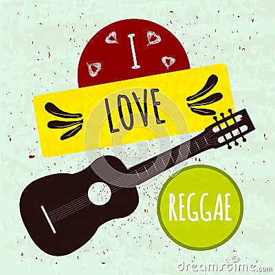 Juicy colorful typographic poster with musical instrument guitar on a light background with a texture. I love the Jamaican style r Cartoon Illustration