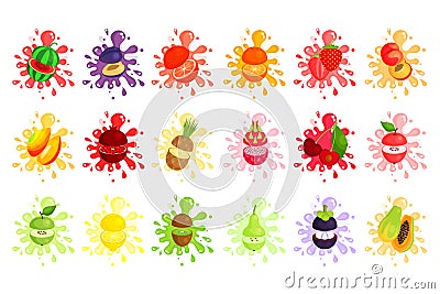 Juicy Cut Fruits with Pulpy Splashes and Blots Vector Set Vector Illustration