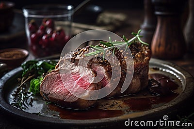 Juicy and delicious lamb from the grill. A tempting cuisine and beautiful culinary art. Generative AI Stock Photo