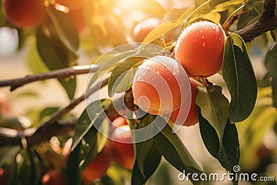 Juicy delicious peaches hanging on a tree Stock Photo