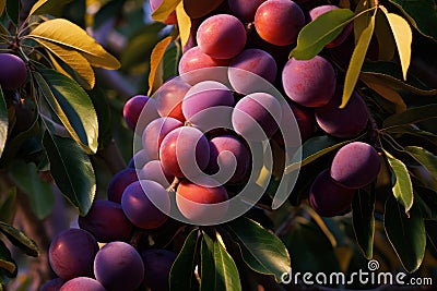 Juicy delicious sweet plums on branch in garden farm tree in sunset Stock Photo