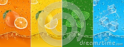 Juicy and fresh fruit. Orange, Lemon, mint, ice water. Dew drops and splash. 3d vector set. High quality 50Mb eps Vector Illustration