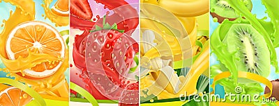 Juicy and fresh fruit. Orange, strawberry, banana, kiwi. Juice splash. 3d vector set Vector Illustration