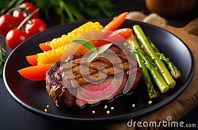 Juicy fried steak, with vegetables, bell peppers, corn and asparagus Stock Photo