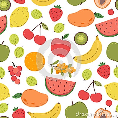 Juicy fruits pattern. Bright fruit texture, berries mix print. Fresh trendy vitamin background, summer tropical food Vector Illustration