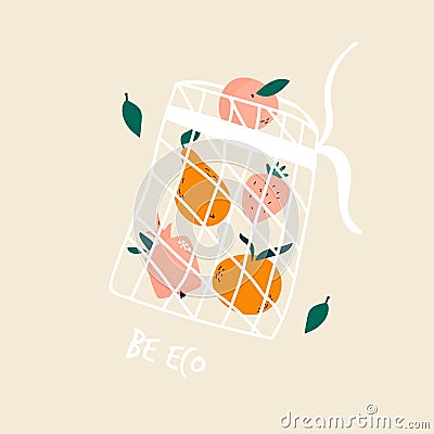 Juicy fruits in reusable mesh shopping bag Vector Illustration