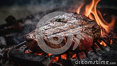Juicy grilled beef tenderloin, cooked steak meat, food. Barbecue with smoke filet mignon. Stock Photo