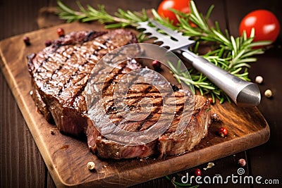 juicy grilled porterhouse steak with a meat fork Stock Photo