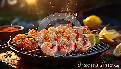 Juicy grilled shrimp skewers with a squeeze of lemon, glistening with marinade, outdoor grill Stock Photo