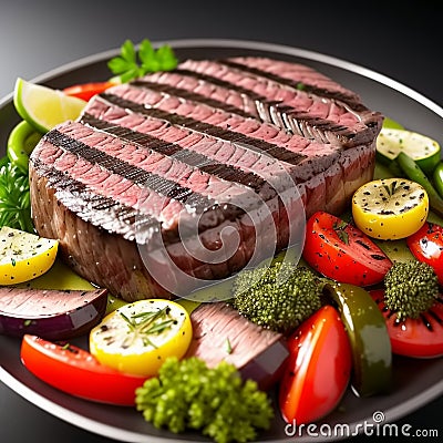 Juicy grilled steak with herbs and grilled vegetables. Generative AI Stock Photo