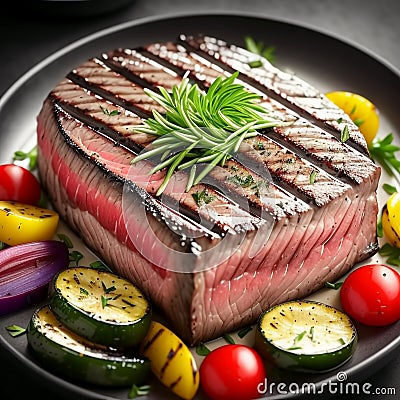 Juicy grilled steak with herbs and grilled vegetables. Generative AI Stock Photo