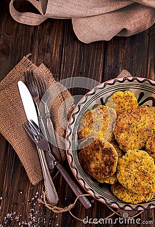 Juicy homemade fried meat and vegetable cutlets with herbs. Turkey, chicken, carrot, onion, garlic, cubbage, eryngii mushroom, Stock Photo
