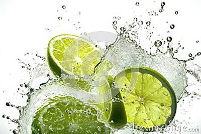 Juicy lime slices and splashes of water on a white background. AI generative Stock Photo