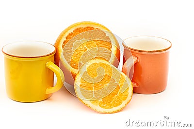 Juicy oranges, two cups. Ready to eat and cook Stock Photo