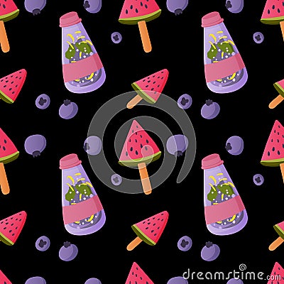 Juicy pattern of food taken for picnic: blueberry, lemonade, watermelon, sandwiches. Contrast background. Vector Stock Photo