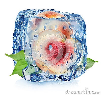 Juicy peach in ice cube Stock Photo