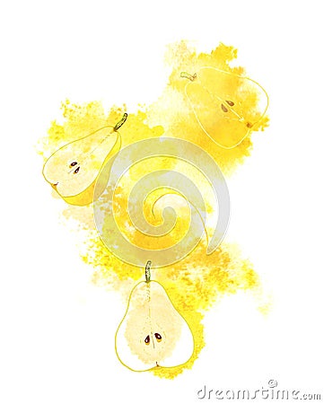 Juicy pears and yellow splash on white background. Hand-painted abstract illustration Cartoon Illustration
