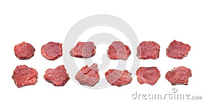 Juicy pieces of meat isolated on white background. Rows raw Beef tenderloin steaks. Red meat for grilling or barbecuing, copy Stock Photo
