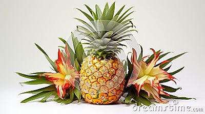 A juicy pineapple, its spiky exterior offset by tropical pineapple blossoms and leaves Stock Photo