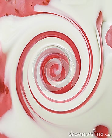 Ripe juicy raspberries of deep saturated raspberry color floating in raspberry jelly with milk on a white background as a visual e Stock Photo