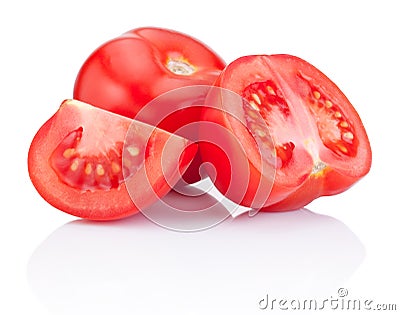 Juicy red tomato, half and slice on white background Stock Photo