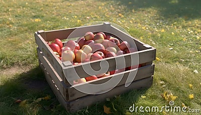 Juicy ripe apples in a green crate, fresh from orchard generated by AI Stock Photo
