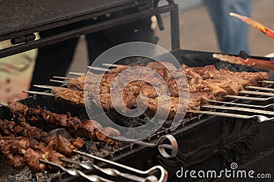 Juicy roasted kebabs on the BBQ Stock Photo