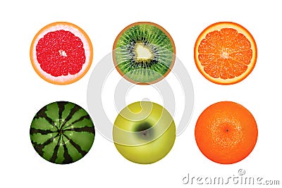 Juicy round fruits isolated on a white background, grapefruit, watermelon, kiwi, apple orange Stock Photo