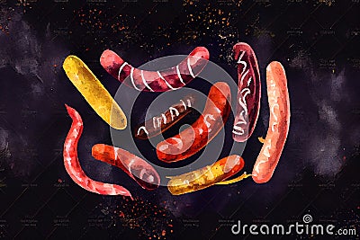 Juicy sausages arranged on a dark background, highlighting their textures and colors, generative ai illustration Cartoon Illustration