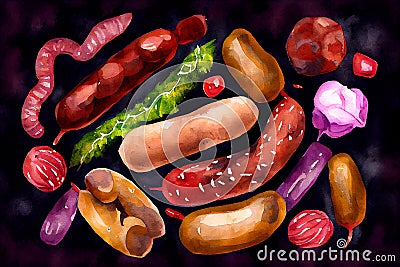 Juicy sausages arranged on a dark background, highlighting their textures and colors, generative ai illustration Cartoon Illustration