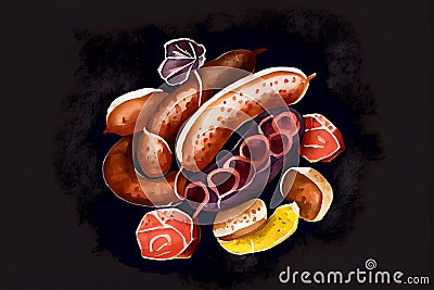 Juicy sausages arranged on a dark background, highlighting their textures and colors, generative ai illustration Cartoon Illustration