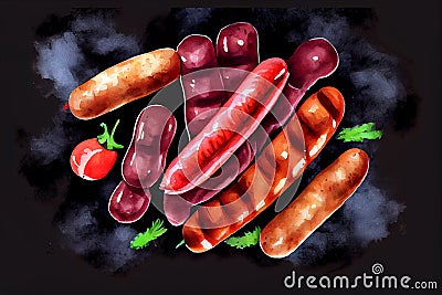 Juicy sausages arranged on a dark background, highlighting their textures and colors, generative ai illustration Cartoon Illustration