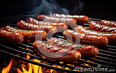 Juicy sausages grilled on a fire grill. It is just right and delicious Stock Photo