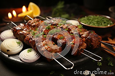 Juicy skewered seekh kababs a mouthwatering blend of spices and grilled goodness Stock Photo
