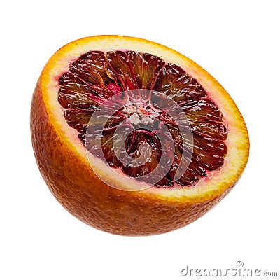 Juicy slice of Sicilian orange fruit isolated on white background Stock Photo