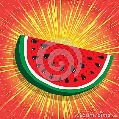 Juicy slice of watermelon. Yellow, shiny radial rays speed lines on bright red background. Abstract background, vector Vector Illustration