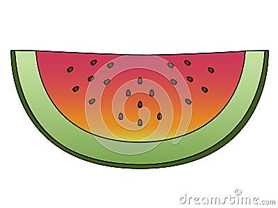 Juicy, sweet red slice of watermelon. Sliced watermelon with pits and green peel. A semicircular slice of watermelon - vector full Vector Illustration