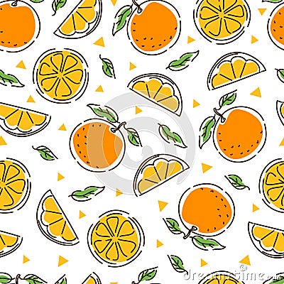 Juicy tangerine seamless pattern. Slices and leaves of tangerine. Geometry. Abstract hand-drawn background. Vector Illustration