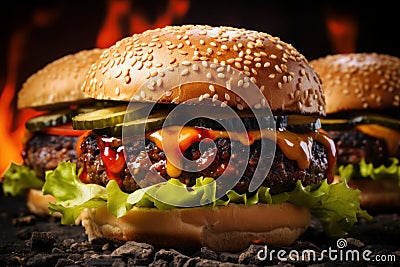 Juicy three beef burgers with sauce, close view Stock Photo