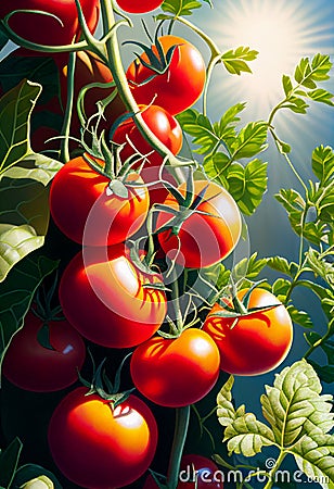 Juicy tomatoes ripen on a bush in the sun. AI generated. Stock Photo