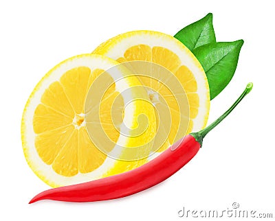 Juicy yellow lemon with a red chilli pepper Stock Photo