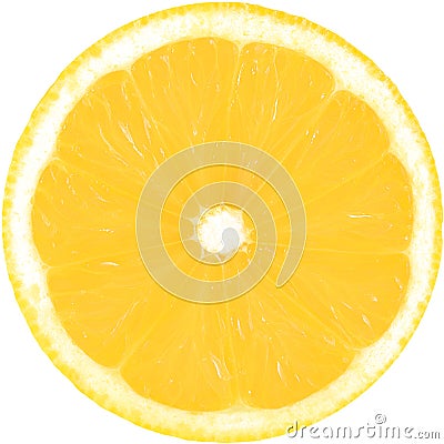 Juicy yellow slice of lemon isolated on a white background with clipping path. The perfect circle of sliced lemon. Citrus fruit. Stock Photo