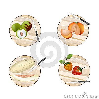 Jujube, Persimmon, Melon and Strawberry on Cutting Boards Vector Illustration