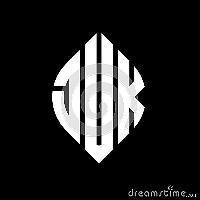 JUK circle letter logo design with circle and ellipse shape. JUK ellipse letters with typographic style. The three initials form a Vector Illustration