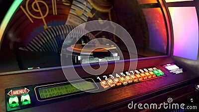 Jukebox automatically rearranging discs for playing music with coin is inserted Stock Photo