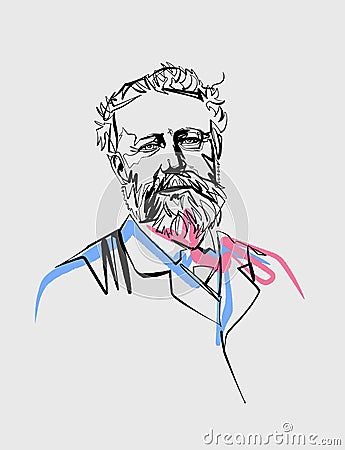 Jules Verne portrait, french writer, continuous line, vector, portrait format, white background Vector Illustration