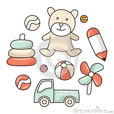 Kid toys doodle, colored hand drawn vector illustration Stock Photo